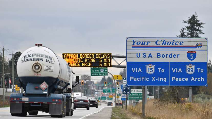 Commercial trucks head from Canada towards the U.S. Customs and Border Protection (CBP) Pacific Highway Port of Entry