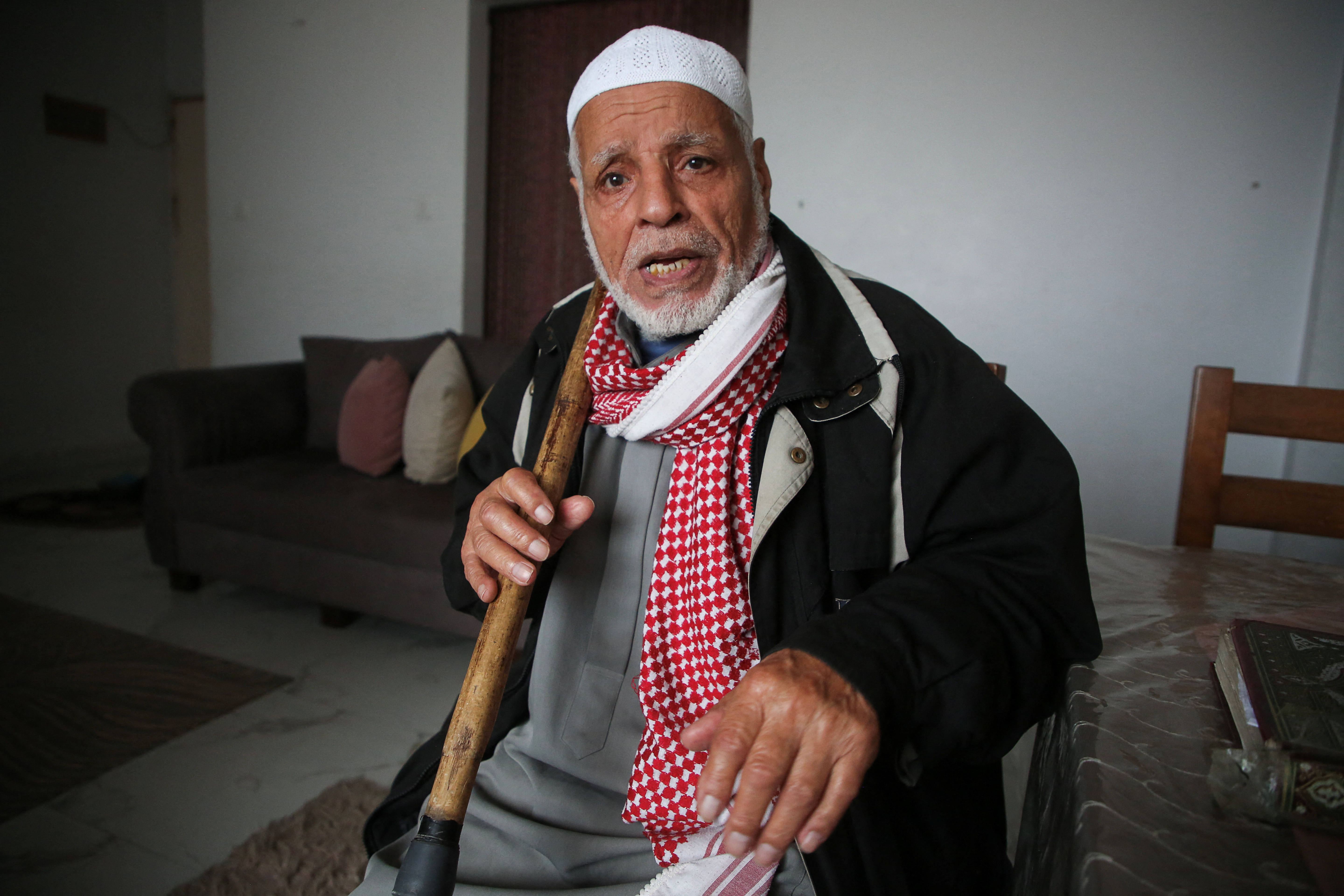 Nakba witness, Palestinian Rashid Mansour, speaks about his refusal to leave Gaza, in Khan Younis