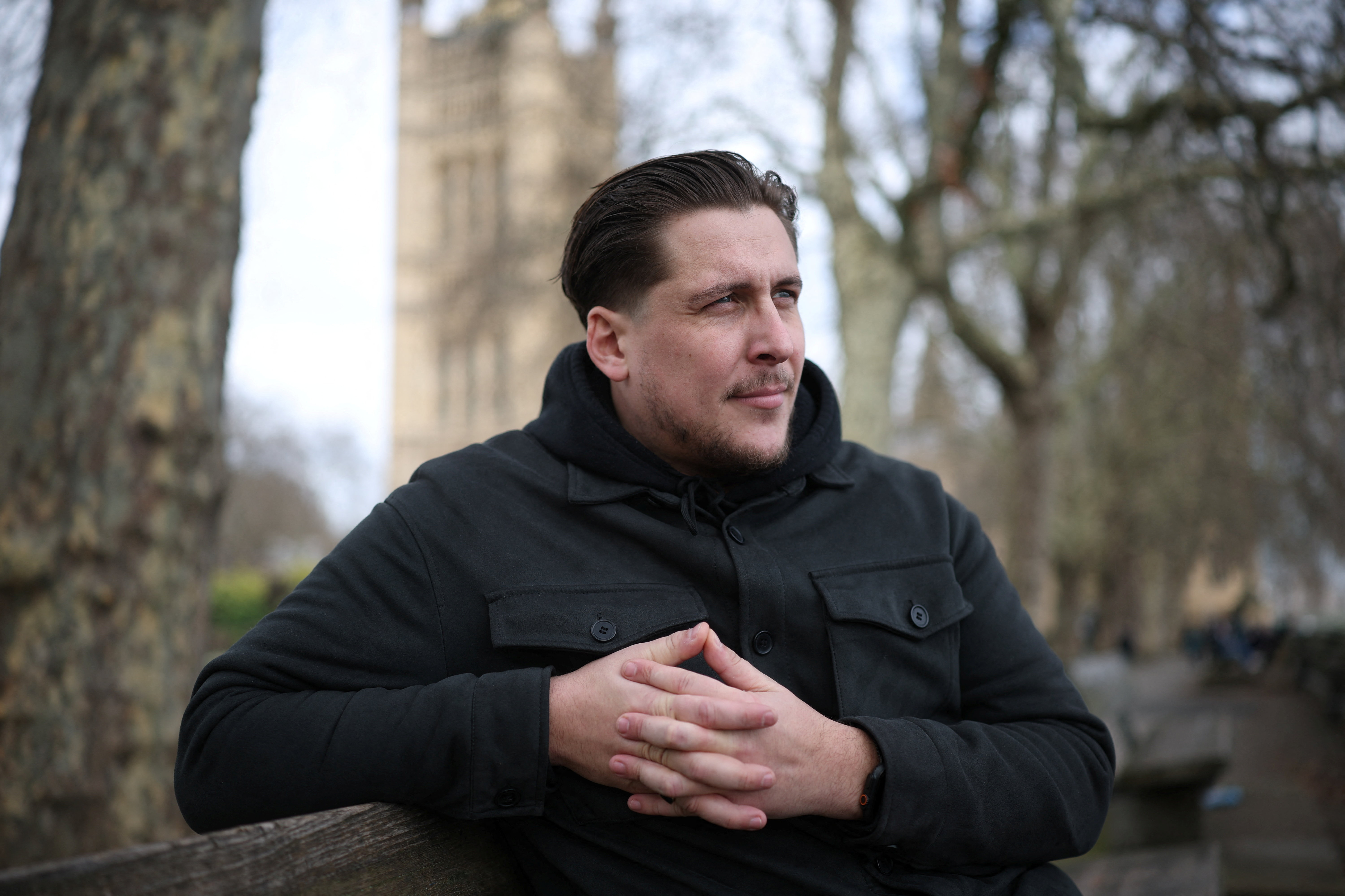 Joe Bennett, son of British citizen Lindsay Foreman, who has been imprisoned in Iran, attends an interview with Reuters in London