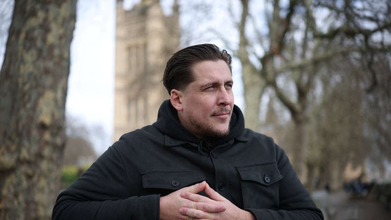 Joe Bennett, son of British citizen Lindsay Foreman, who has been imprisoned in Iran, attends an interview with Reuters in London
