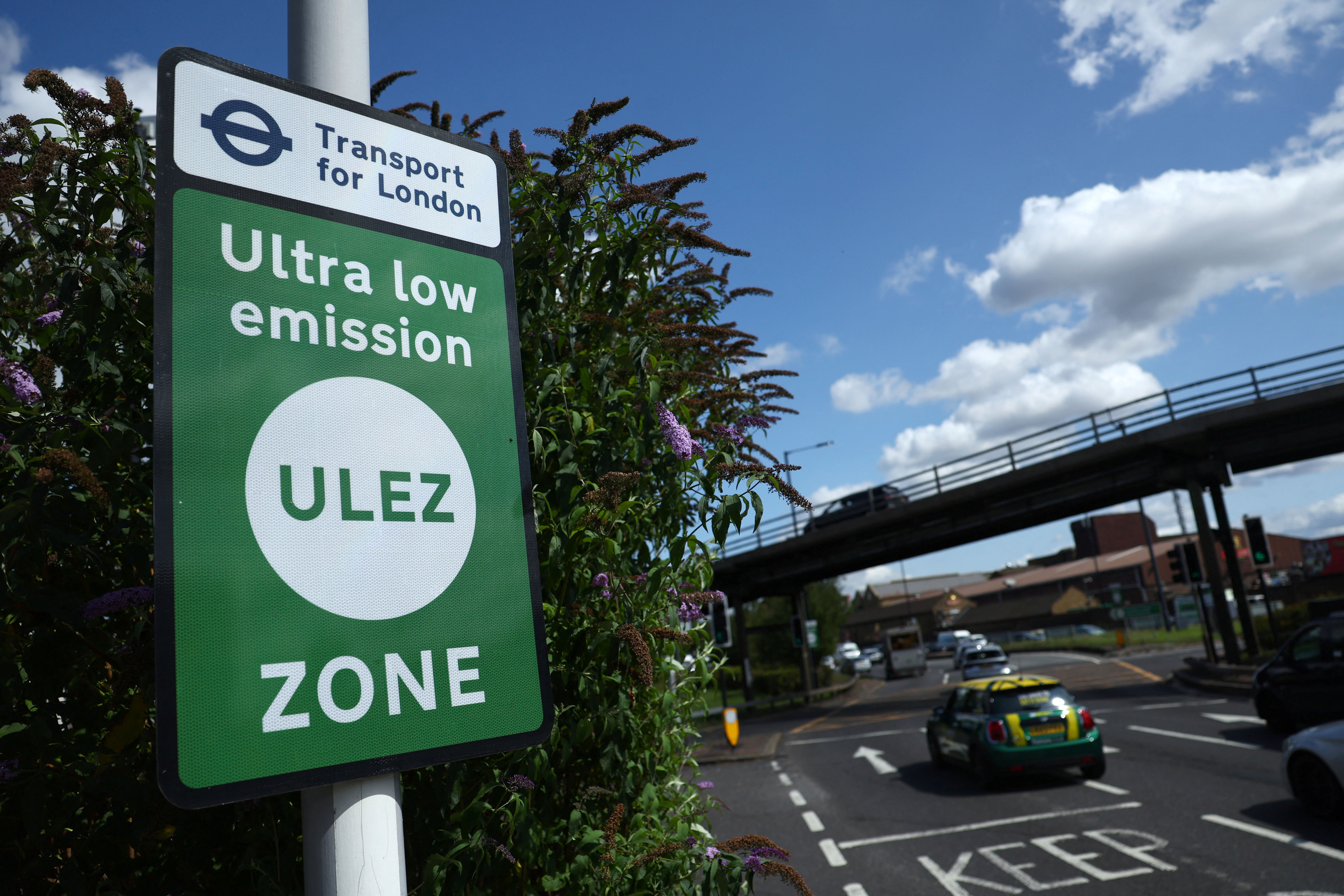 FILE PHOTO: Signage along existing boundary of London's Ultra Low Emissions Zone (ULEZ) zone ahead of proposed upcoming expansion, in London