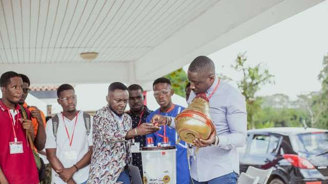 Johannes Amo-Aye, Co-Founder of Minagie Energy with the prototype of the Tidal Wind Turbine