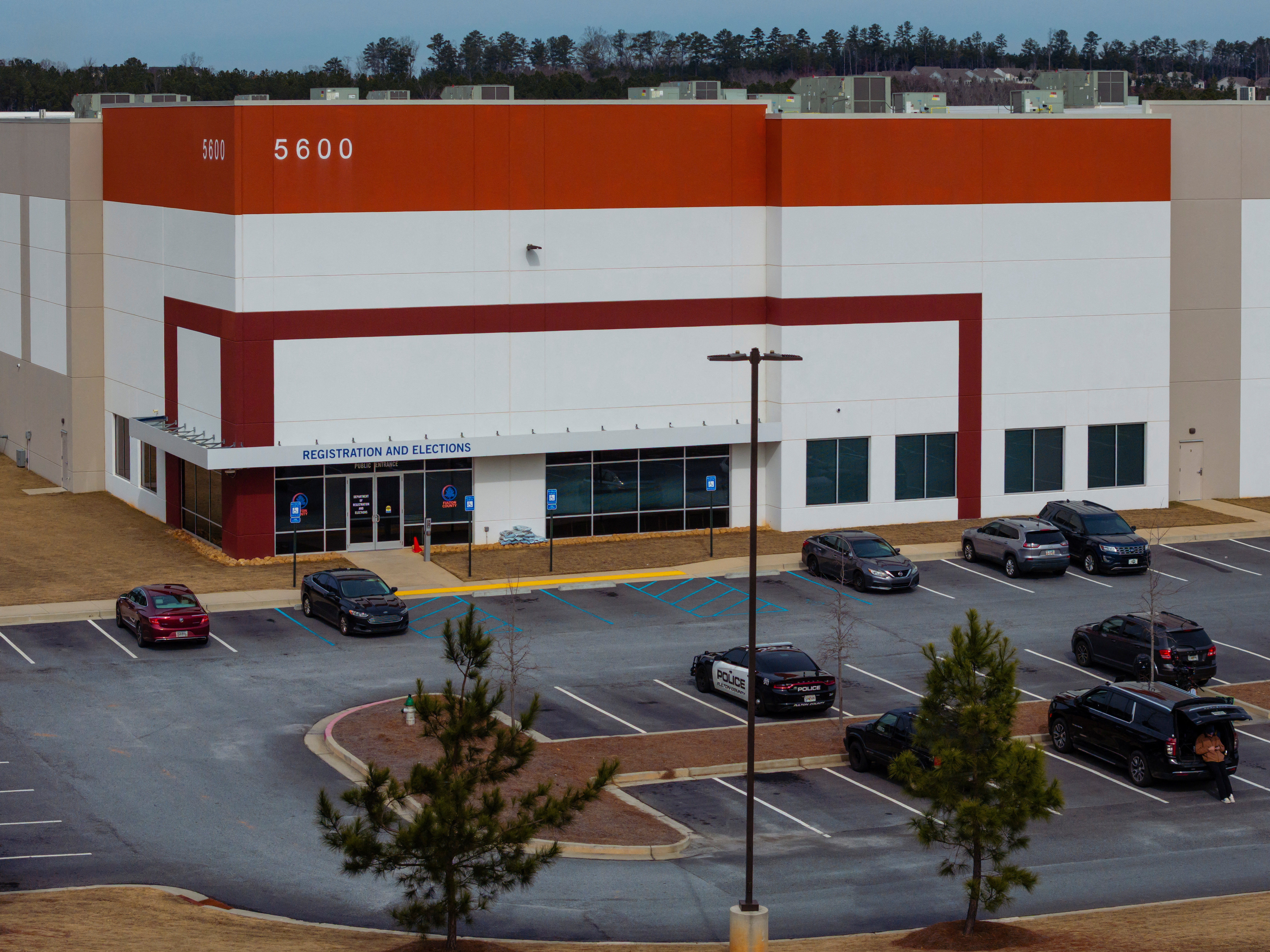 A drone picture shows the Fulton County Election Hub and Operation Center a day after the FBI executed a search warrant in Georgia