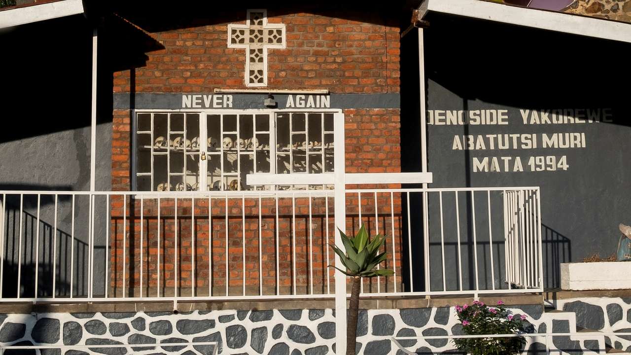 Skulls of people who died during the 1994 Rwandan genocide are arranged and locked outside the St. Pierre Catholic Church, in Kibuye, Karongo city center, Karongi distric