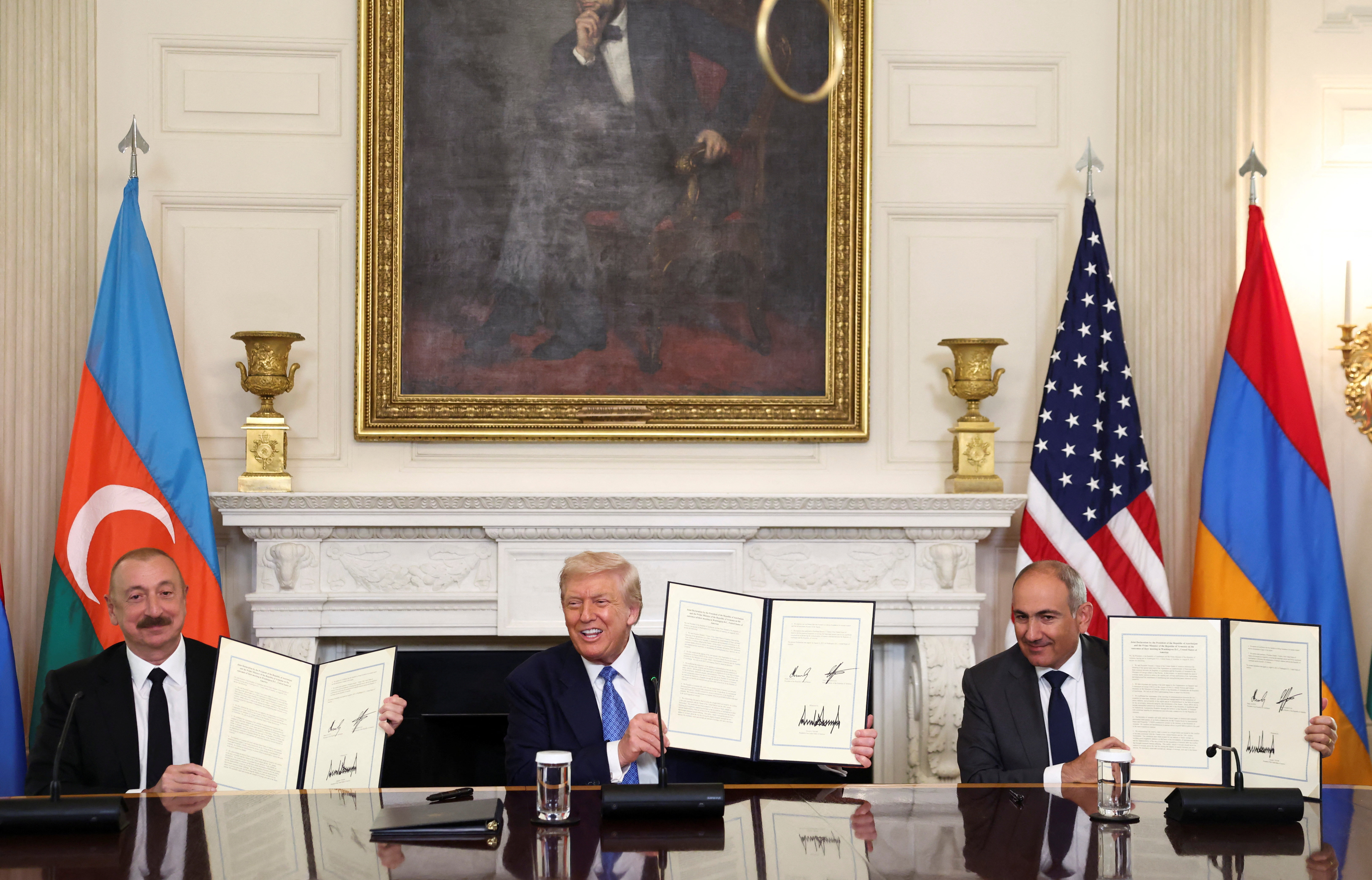 U.S. President Trump participates in a trilateral signing with Armenia's PM Pashinyan and Azerbaijan's President Aliyev, in Washington, D.C.