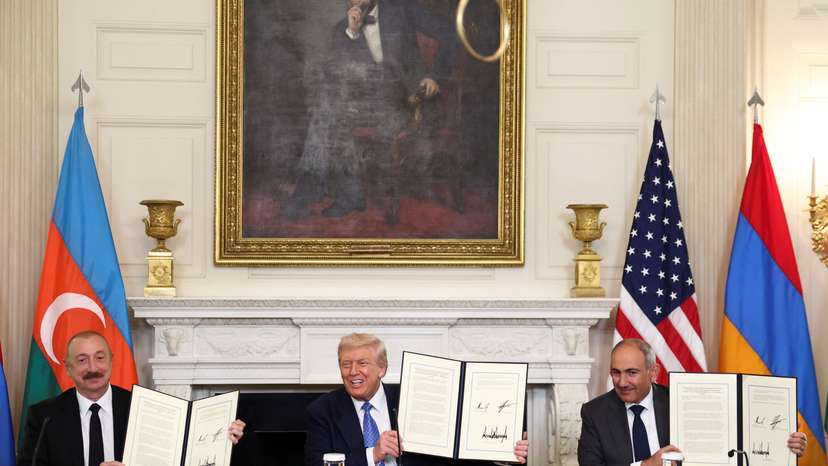 U.S. President Trump participates in a trilateral signing with Armenia's PM Pashinyan and Azerbaijan's President Aliyev, in Washington, D.C.