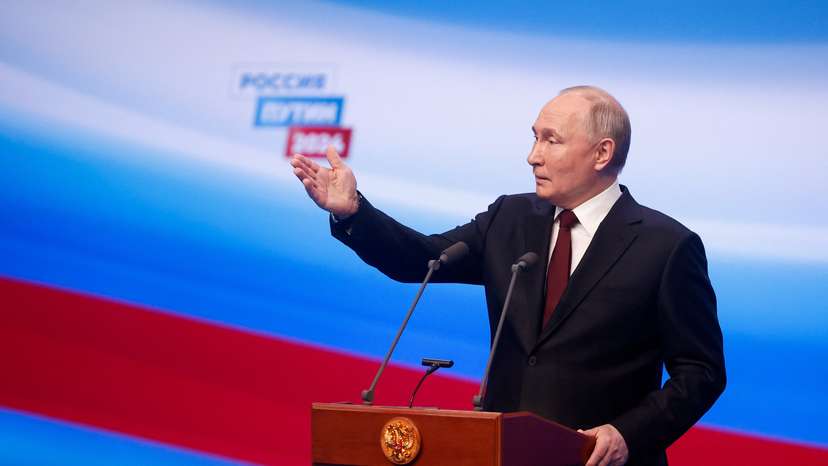 Russian incumbent President Putin speaks after polling stations closed, in Moscow