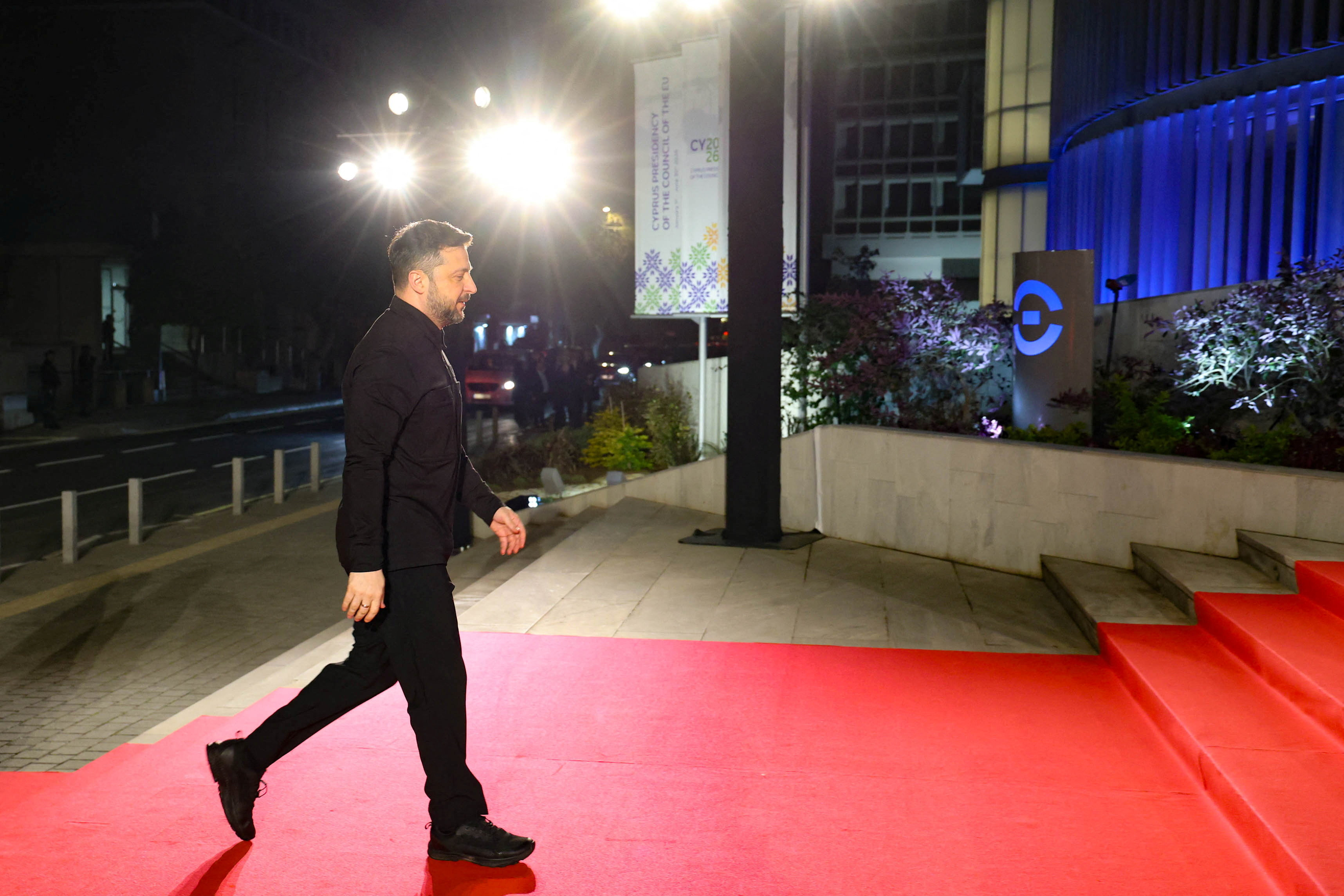 Ukraine's President Volodymyr Zelenskiy arrives at official opening of Cyprus taking over the EU presidency at the THOC theatre in Nicosia