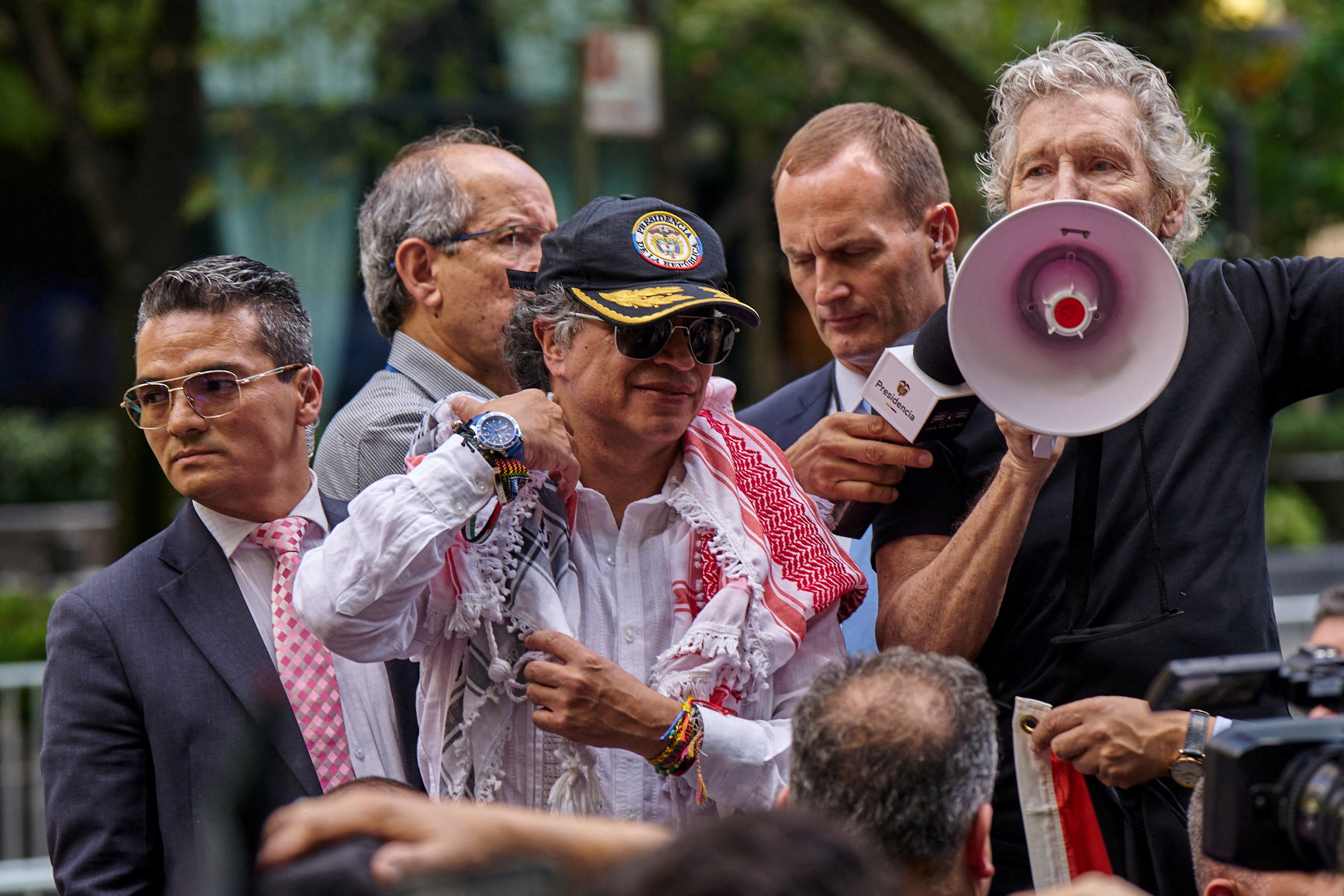 Musician Roger Waters addresses pro-Palestinian demonstrators during the 80th U.N. General Assembly, in New York City