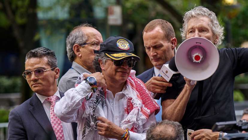 Musician Roger Waters addresses pro-Palestinian demonstrators during the 80th U.N. General Assembly, in New York City