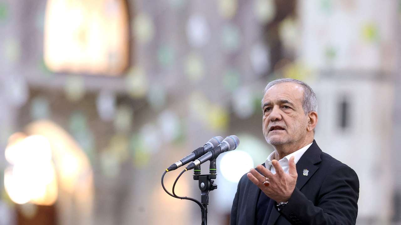 Iranian President Masoud Pezeshkian speaks during a visit to the shrine of the leader of Iran's 1979 Islamic Revolution, Ayatollah Ruhollah Khomeini, in southern Tehran