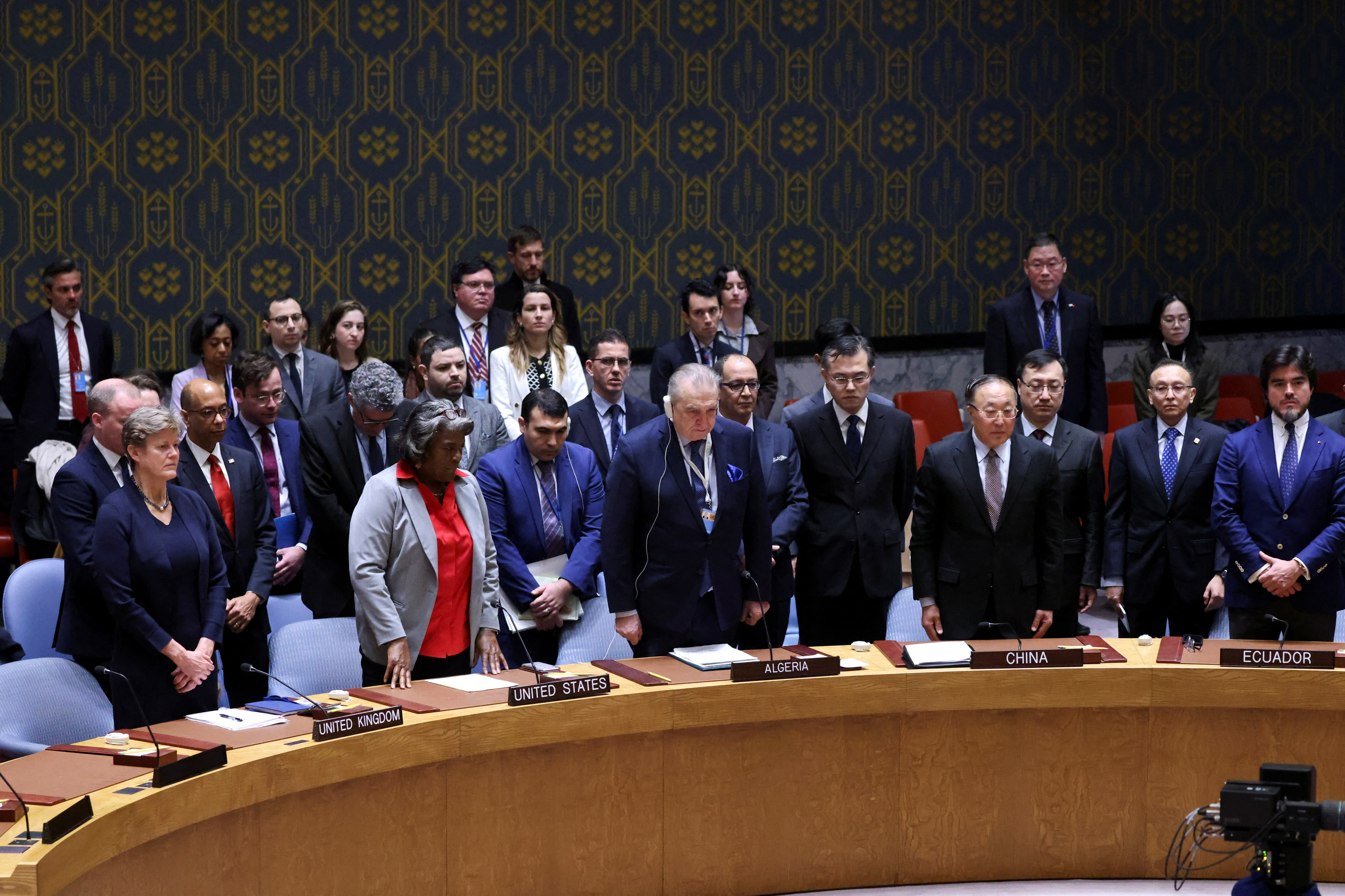 Members of the United Nations Security Council vote on a Gaza resolution that demands an immediate ceasefire, in New York
