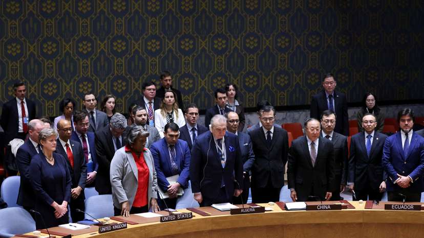 Members of the United Nations Security Council vote on a Gaza resolution that demands an immediate ceasefire, in New York