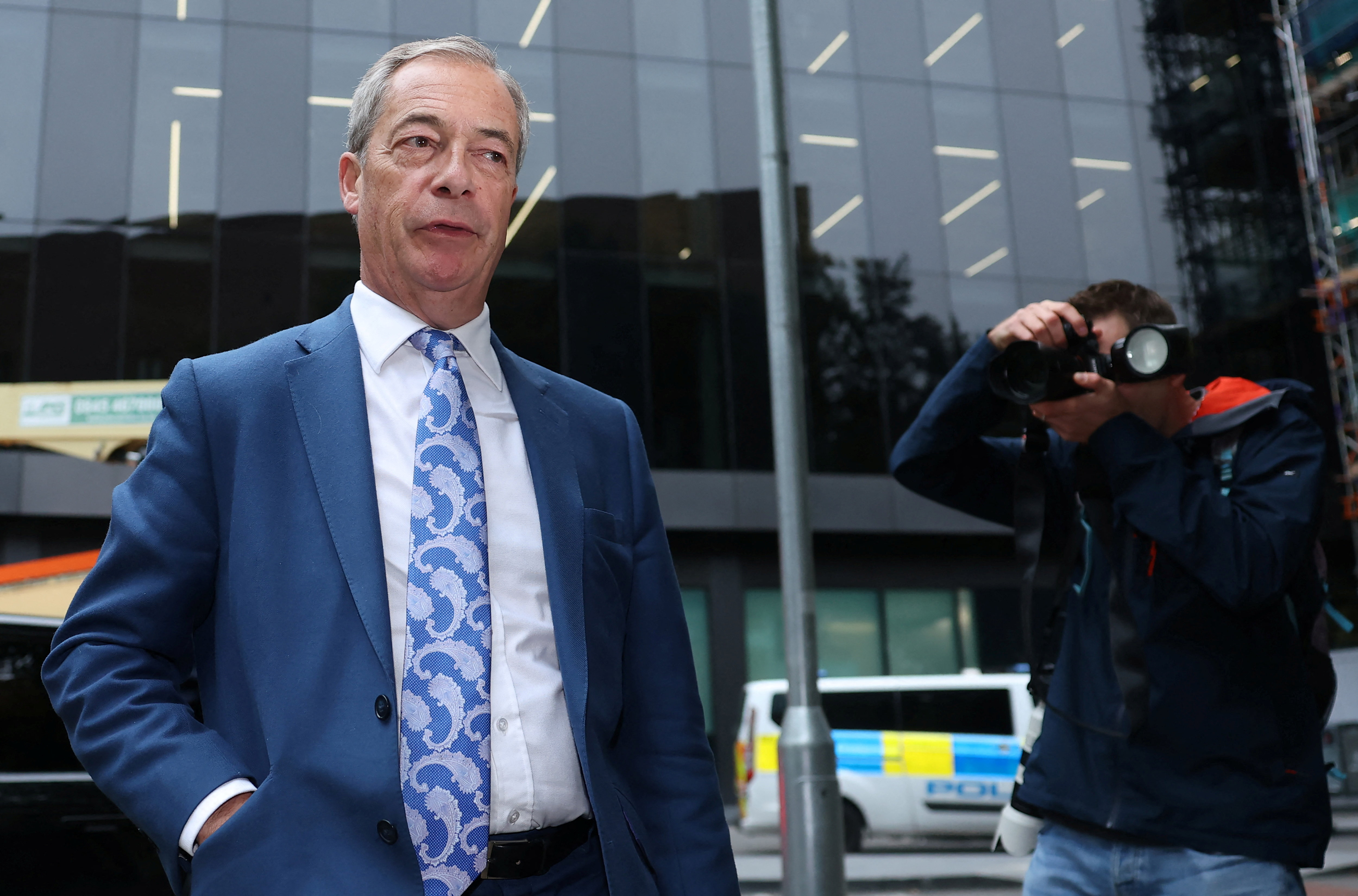 Reform UK party leader Farage attends Southwark Crown Court, London