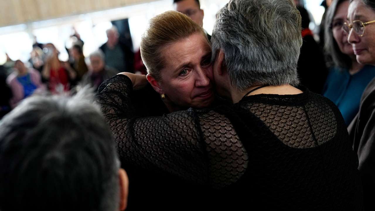 Denmark's Prime Minister Mette Frederiksen and Greenland's Prime Minister Jens-Frederik Nielsen attend a meeting in Nuuk, Greenland