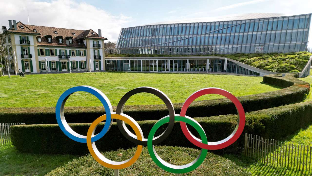 Drone view of the Olympic rings in front to International Olympic Committee (IOC) headquarters in Lausanne