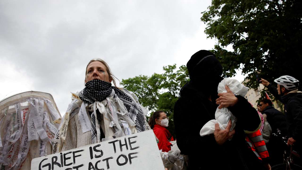 Pro-Palestinian demonstrators protest against Israel to mark the 77th anniversary of the "Nakba" or catastrophe, in Berlin