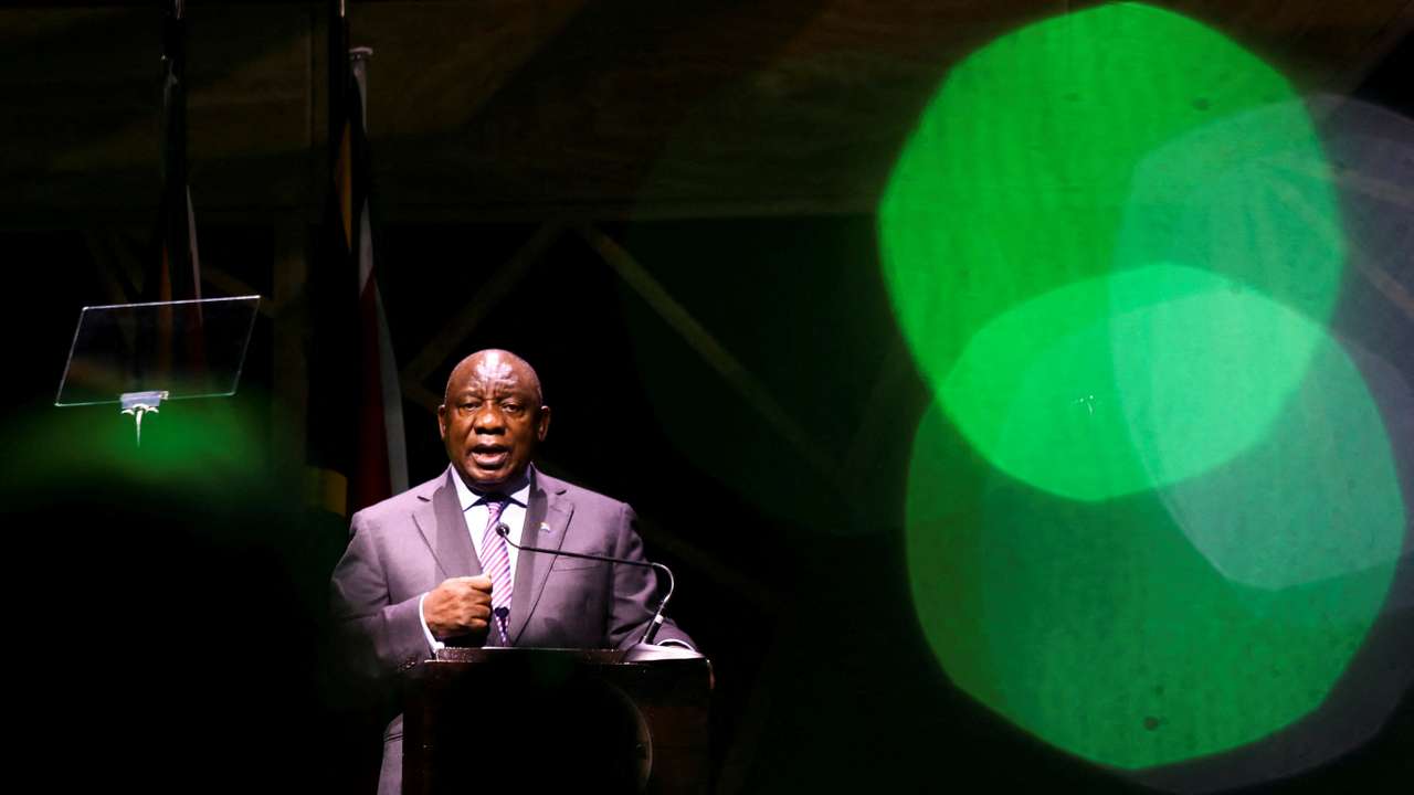 FILE PHOTO: South African President Ramaphosa addresses the Investing in African Mining Indaba 2023 conference, in Cape Town