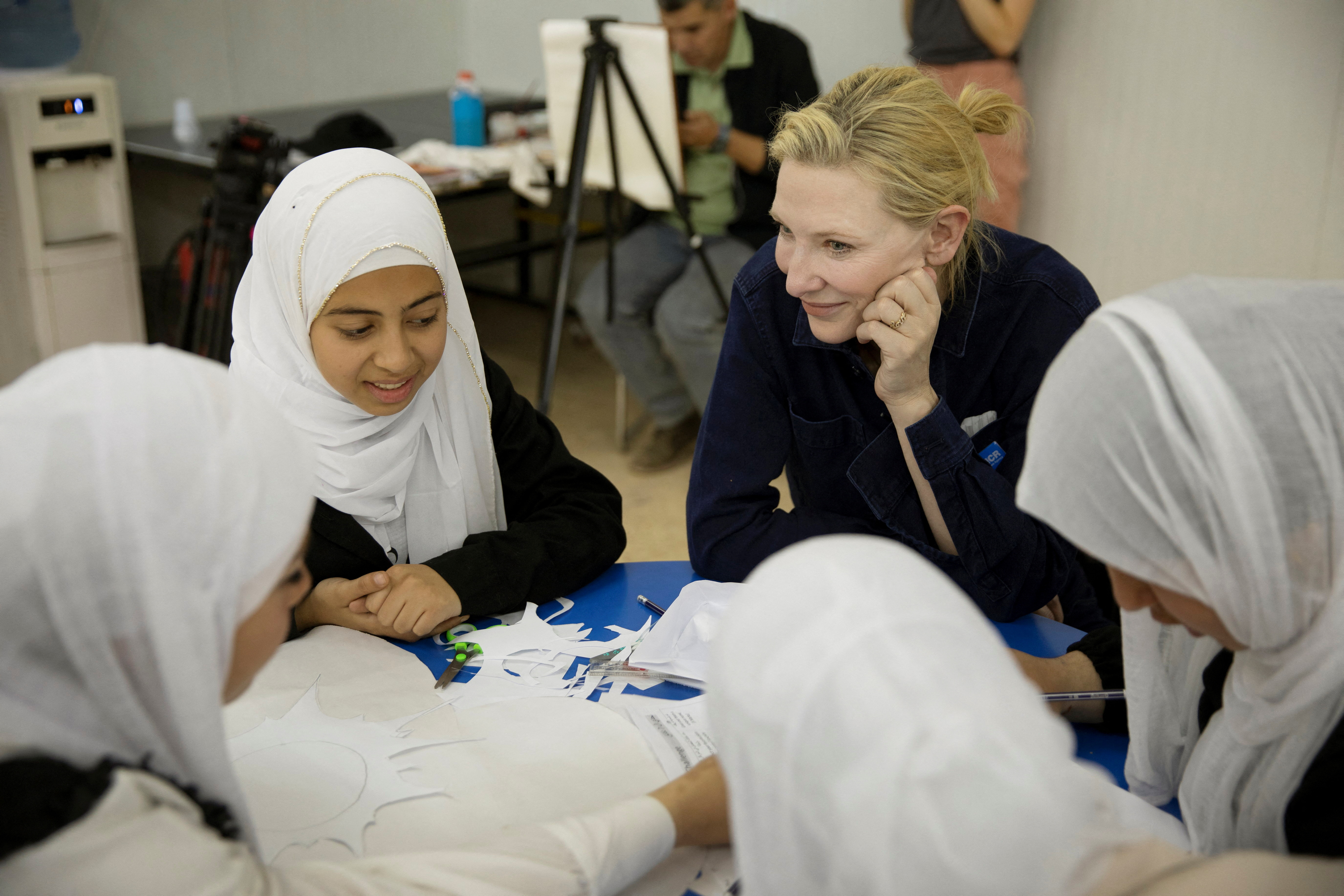 UNHCR goodwill ambassador Cate Blanchett visits a TIGER workshop in the community centre in District 2 of Zaatari refugee camp in Mafraq