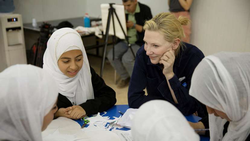 UNHCR goodwill ambassador Cate Blanchett visits a TIGER workshop in the community centre in District 2 of Zaatari refugee camp in Mafraq