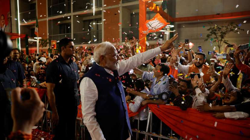 Indian PM Modi speaks to supporters at BJP headquarters, in New Delhi