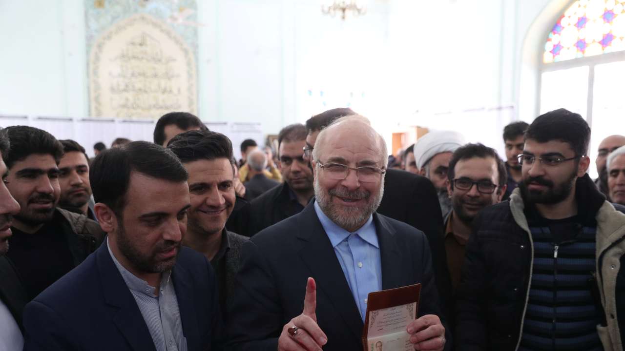 Mohammad Baqer Qalibaf, a parliamentary candidate, casts his vote at a mosque in downtown Tehran
