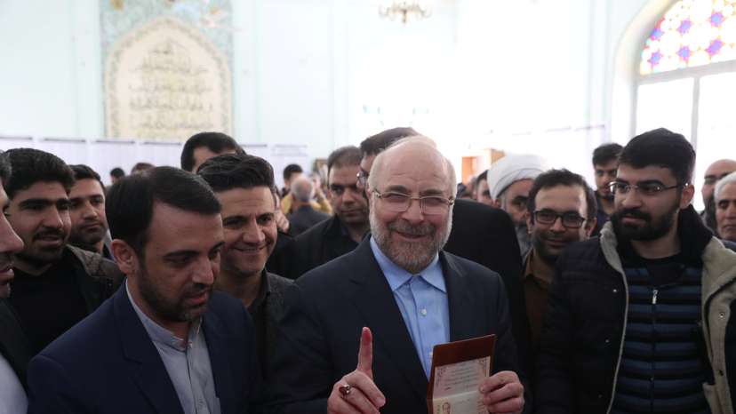 Mohammad Baqer Qalibaf, a parliamentary candidate, casts his vote at a mosque in downtown Tehran