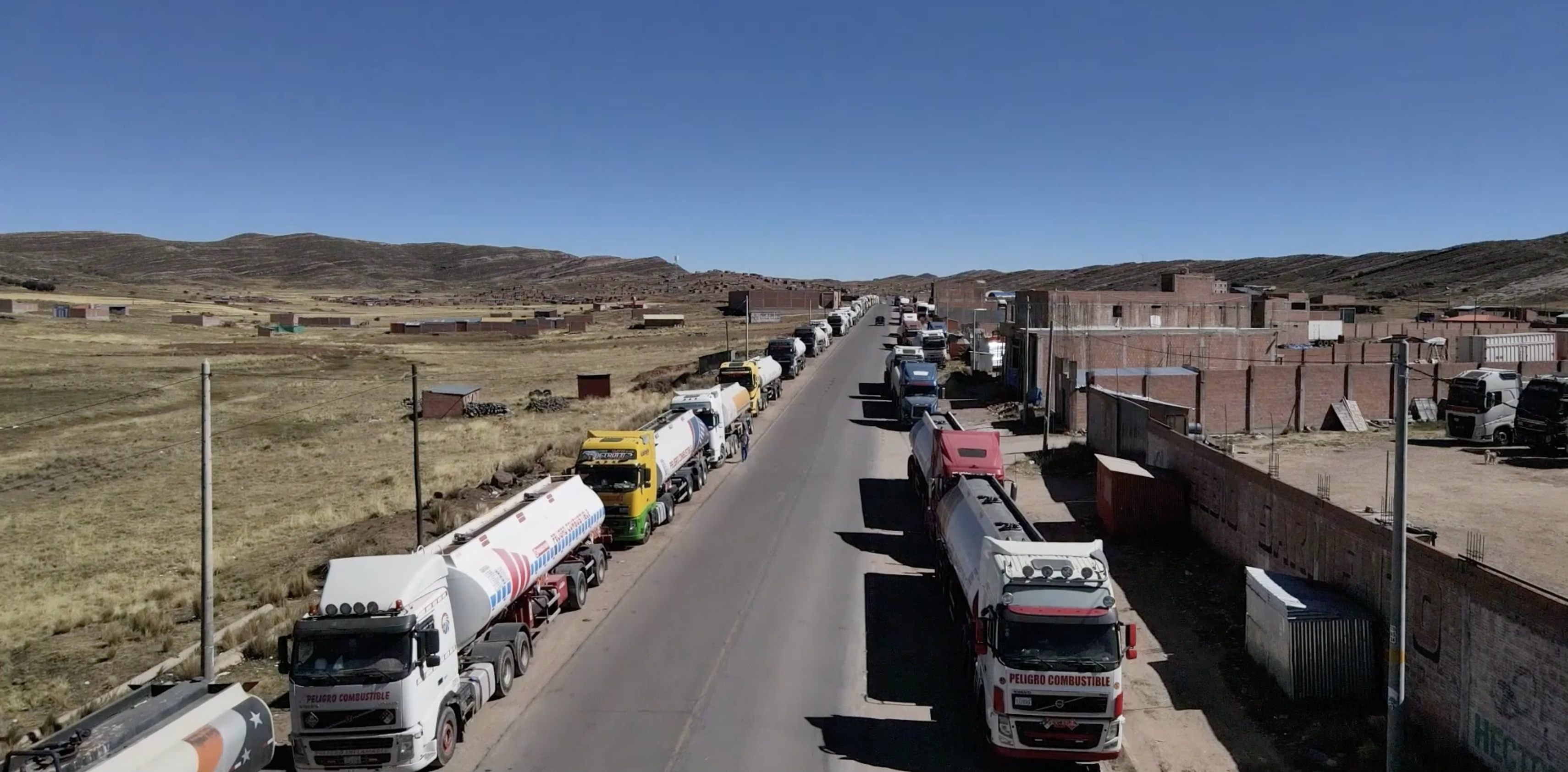 Stranded trucks at Bolivia-Peru border