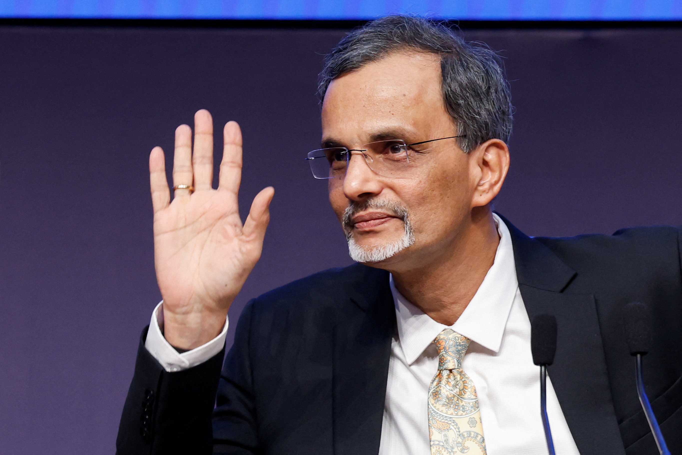 India's Chief Economic Adviser V. Anantha Nageswaran gestures during a news conference in New Delhi