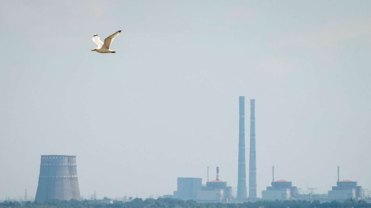 View shows Zaporizhzhia Nuclear Power Plant from the bank of Kakhovka Reservoir in Nikopol