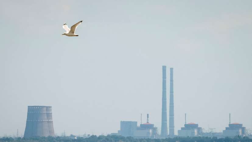 View shows Zaporizhzhia Nuclear Power Plant from the bank of Kakhovka Reservoir in Nikopol