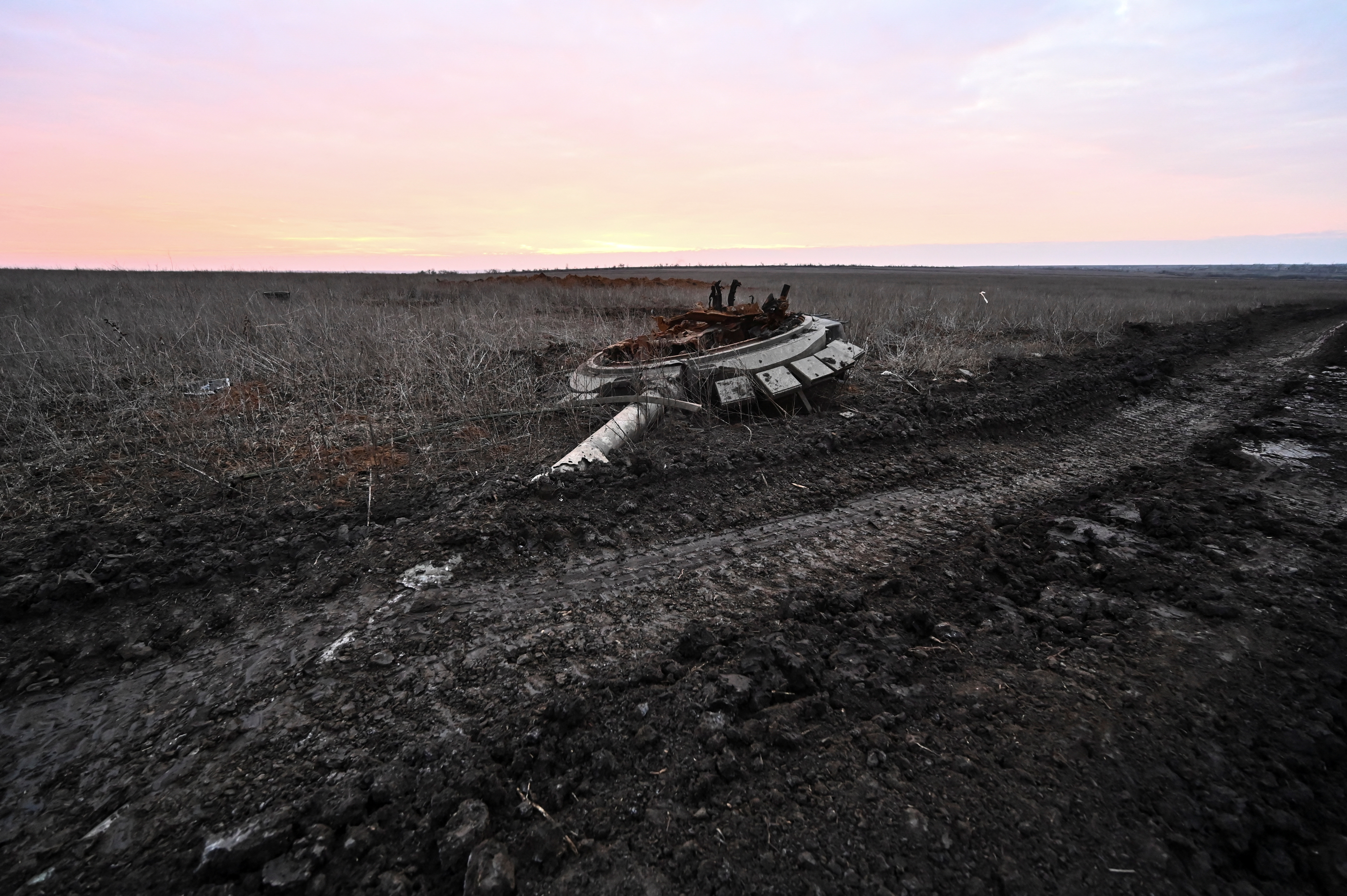 Turret of a destroyed Russian tank is seen near the front line village of Robotyne in Zaporizhzhia region