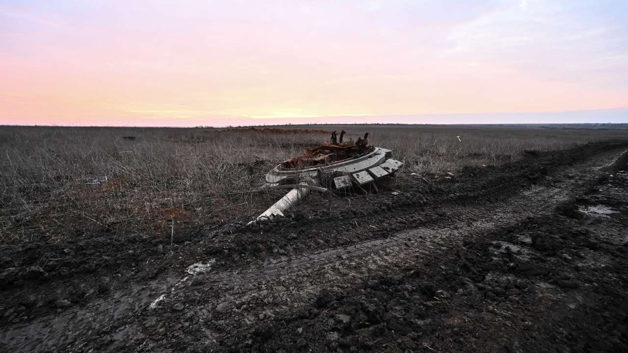 Turret of a destroyed Russian tank is seen near the front line village of Robotyne in Zaporizhzhia region