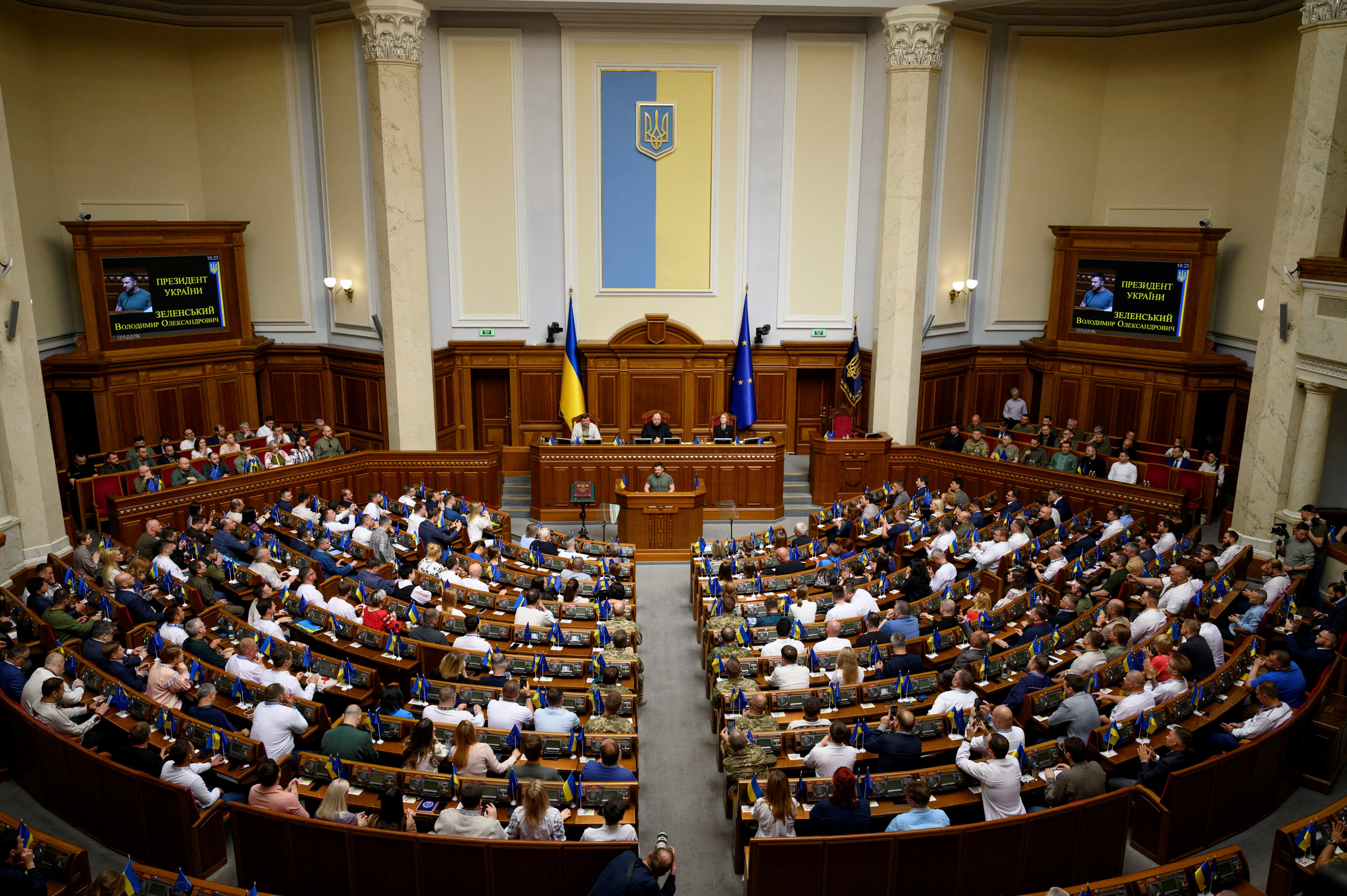 Ukraine's President Zelenskiy attends a session of the parliament in Kyiv