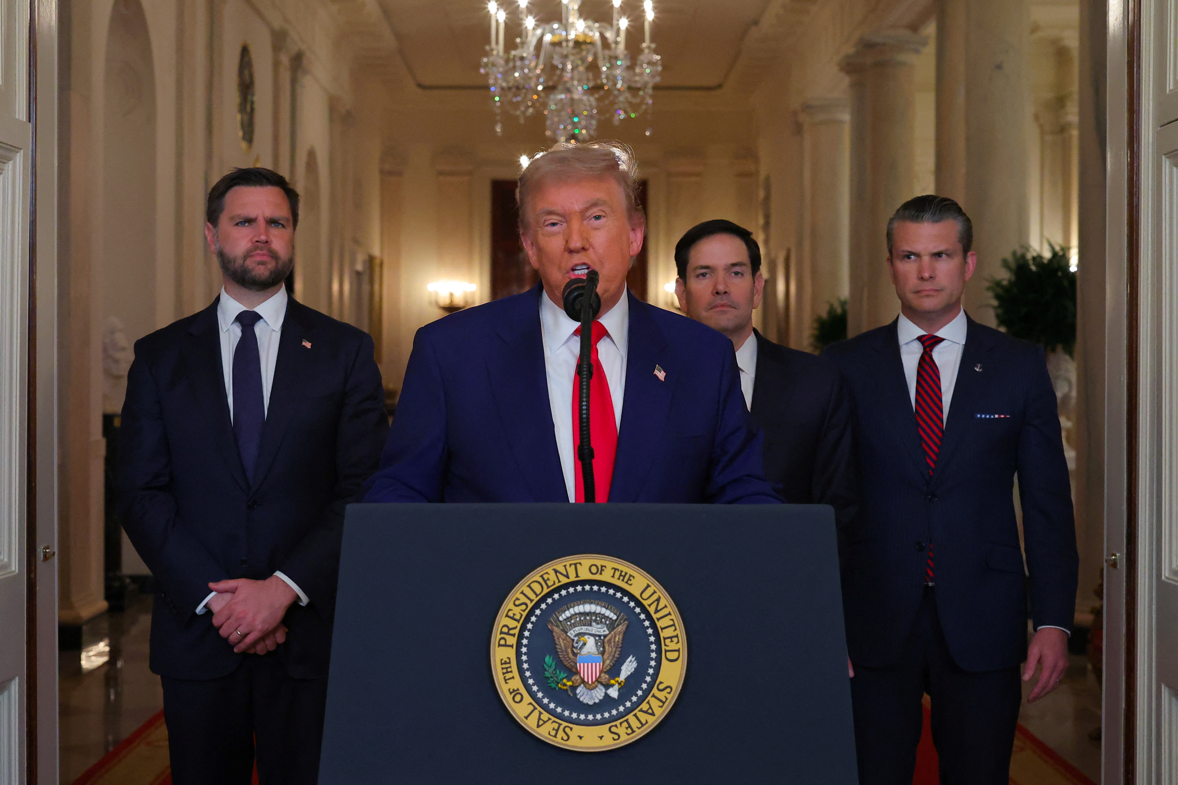 U.S. President Donald Trump delivers an address to the nation at the White House in Washington, following U.S. strikes on Iran's nuclear facilities