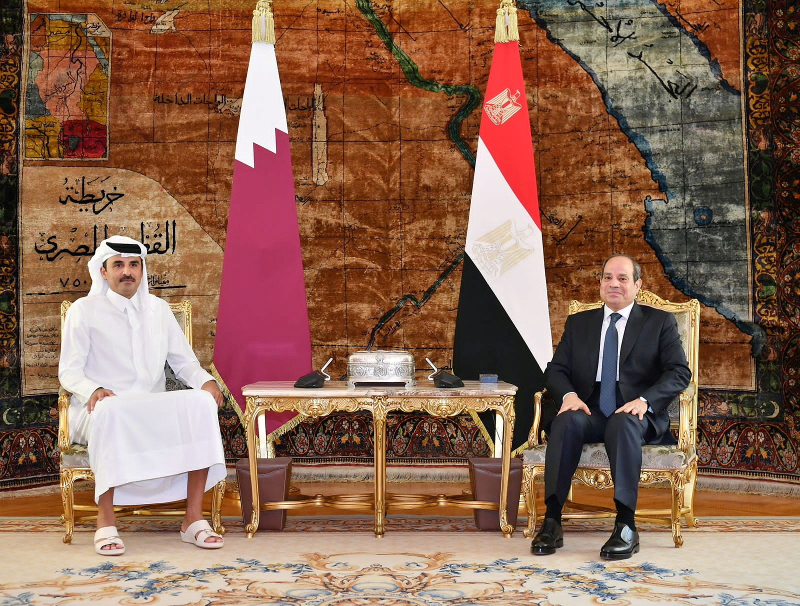 Egypt's President Abdel Fattah El-Sisi meets with Qatar's Emir Sheikh Tamim bin Hamad Al Thani at the Ittihadiya presidential palace in Cairo