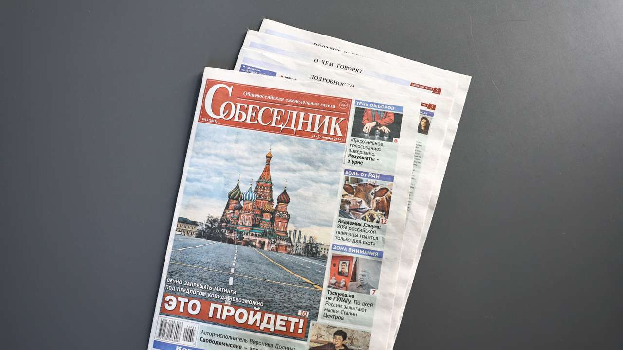 Illustration shows the Russian weekly newspaper Sobesednik