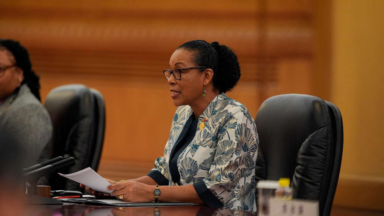 Dominica's President Sylvanie Burton speaks during a meeting with Chinese President Xi Jinping (not pictured) at the Great Hall of the People in Beijing, China, October 14, 2025. Ichiro Banno/Pool via REUTERS