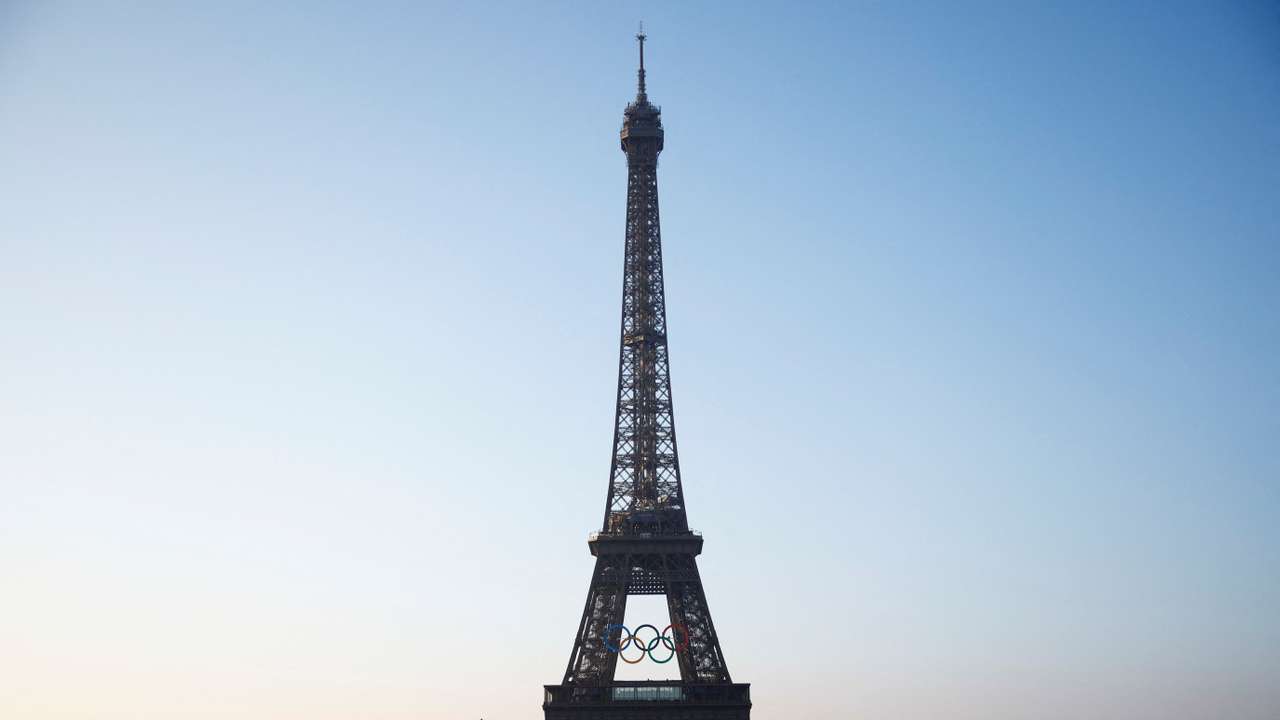 The Olympic rings displayed on the first floor of the Eiffel Tower
