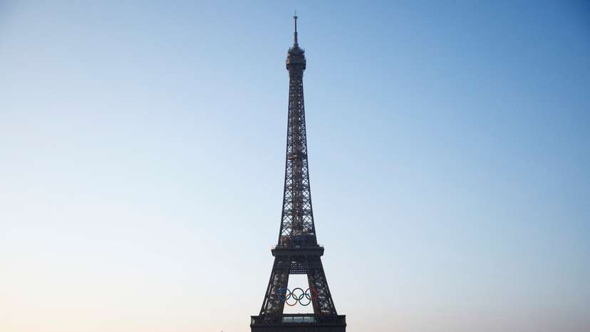 The Olympic rings displayed on the first floor of the Eiffel Tower