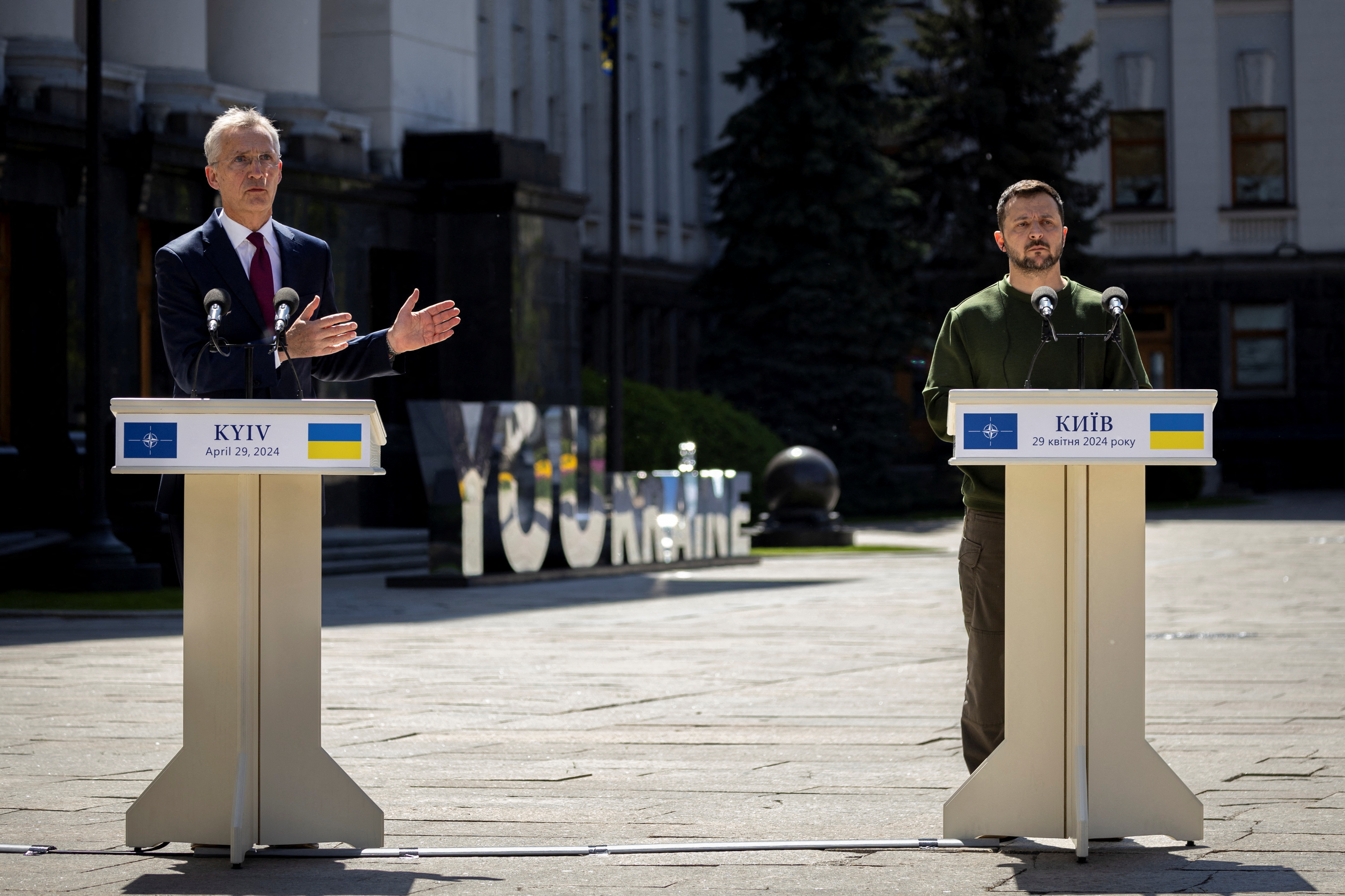 Ukraine's President Volodymyr Zelenskiy and NATO Secretary-General Jens Stoltenberg attend a press conference in Kyiv