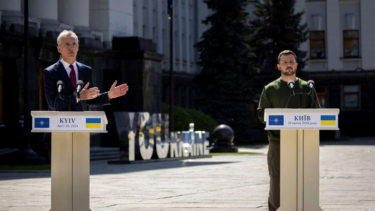 Ukraine's President Volodymyr Zelenskiy and NATO Secretary-General Jens Stoltenberg attend a press conference in Kyiv