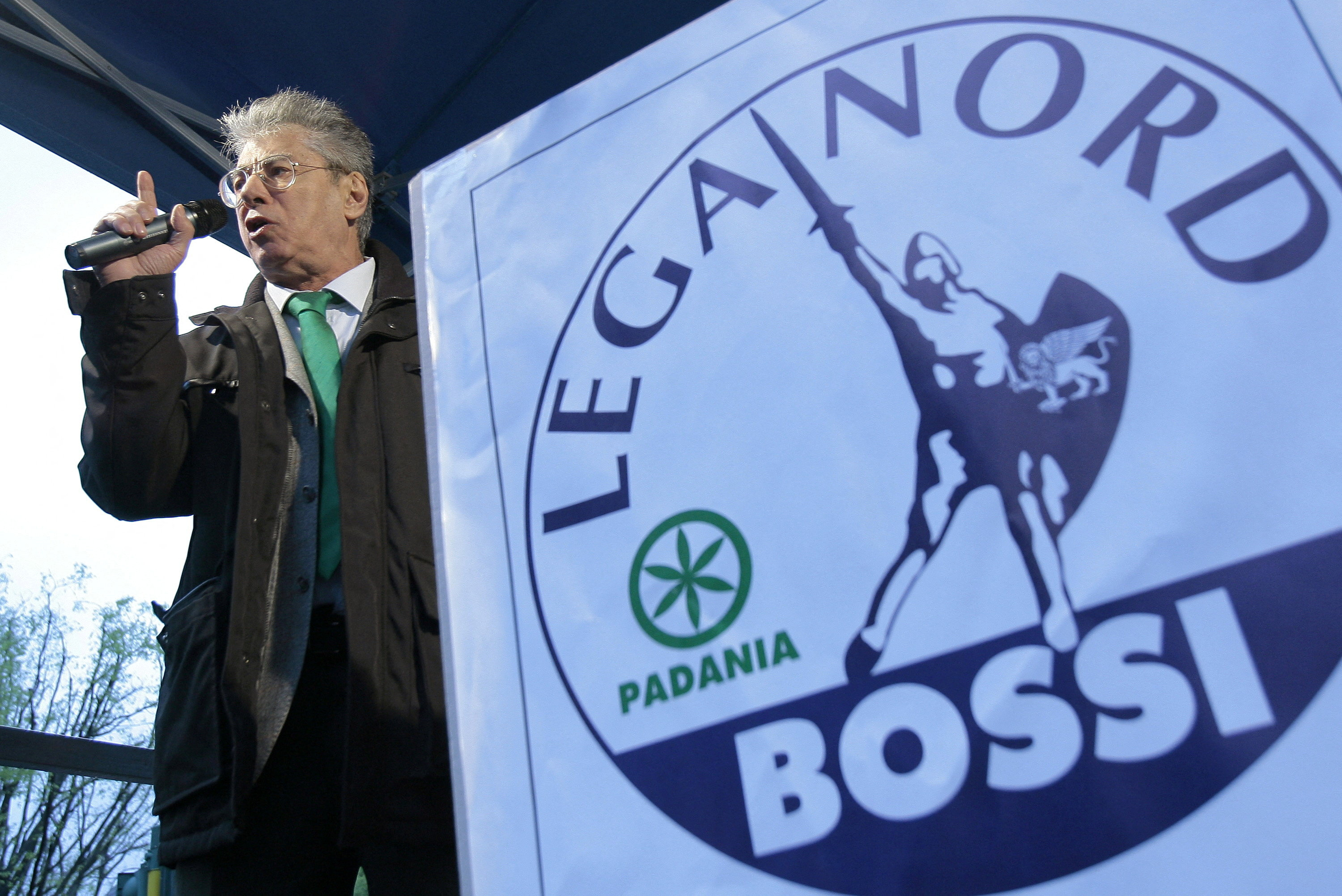 FILE PHOTO: Lega Nord ledader Bossi speaks on stage during a pre-election rally in downtown Milan.