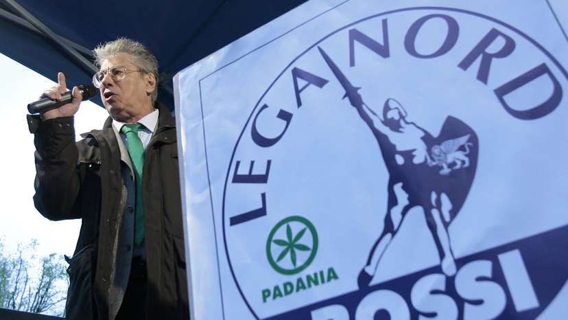 FILE PHOTO: Lega Nord ledader Bossi speaks on stage during a pre-election rally in downtown Milan.