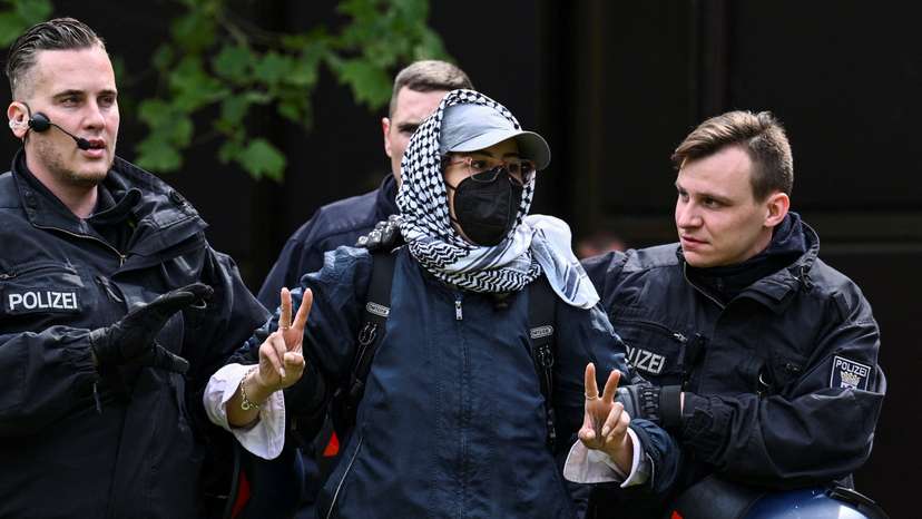 Pro-Palestinian demonstrators occupy a courtyard at Freie Universitat (FU) Berlin