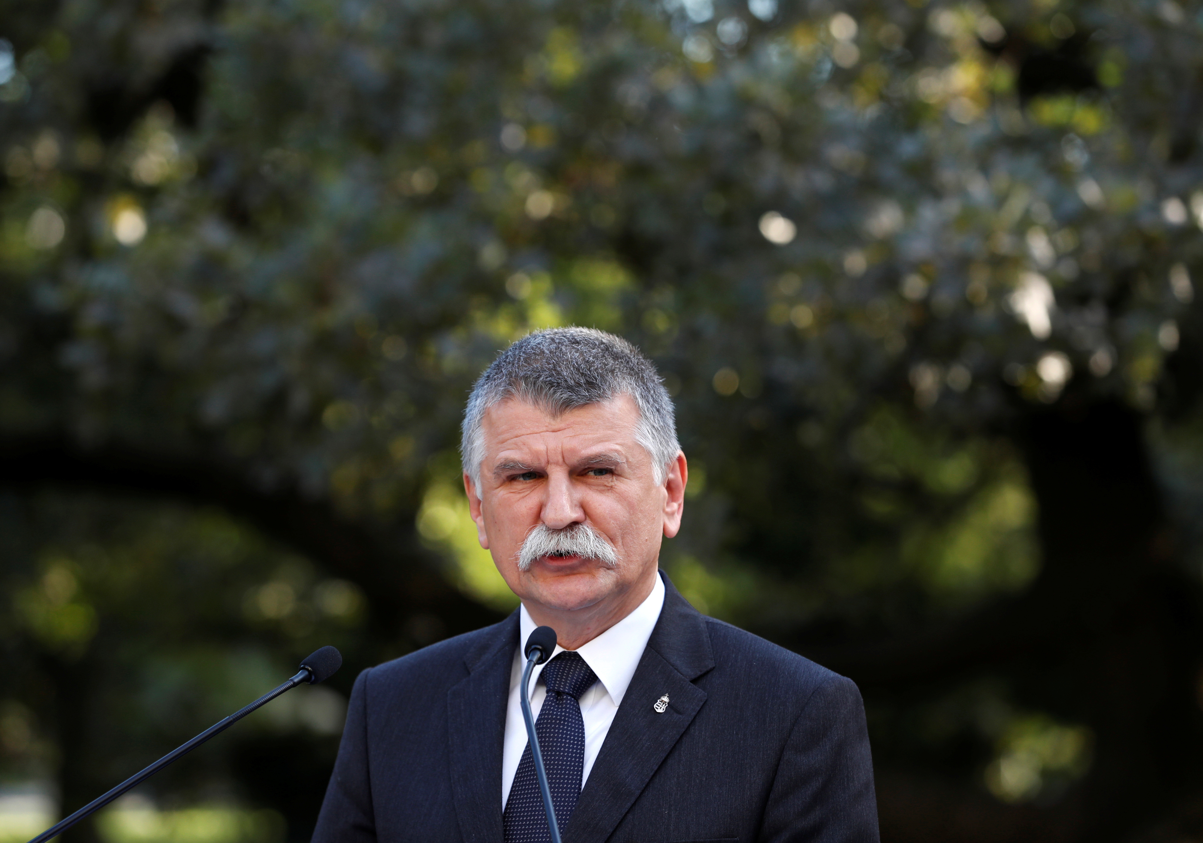Hungarian Parliament Speaker Laszlo Kover take part in ceremony of unveiling the bust of Marshal Jozef Pilsudski in Budapest