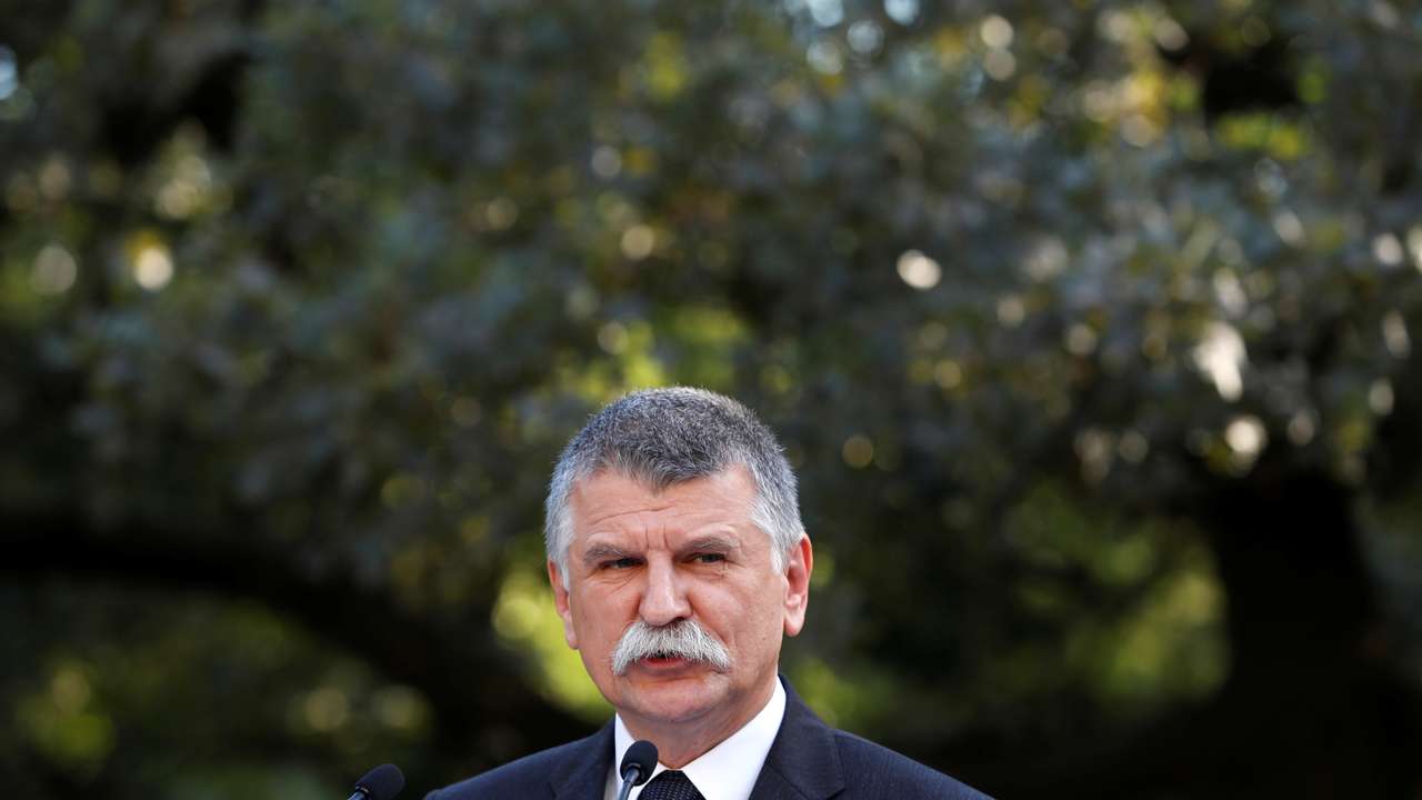 Hungarian Parliament Speaker Laszlo Kover take part in ceremony of unveiling the bust of Marshal Jozef Pilsudski in Budapest