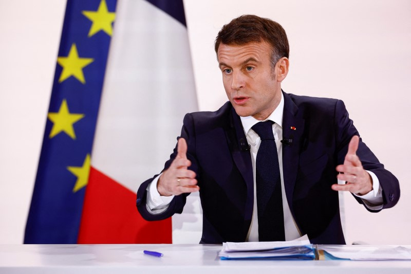 French President Macron holds a press conference at the Elysee Palace in Paris