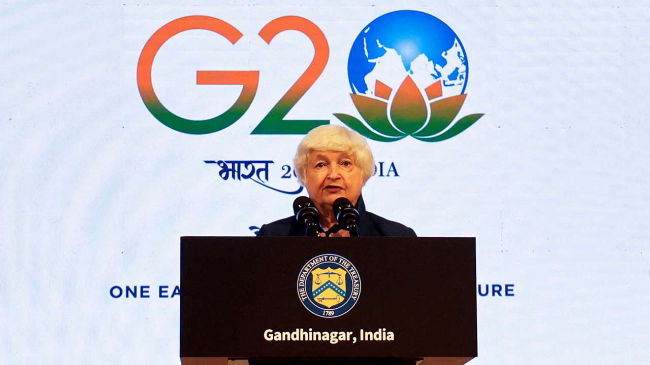 FILE PHOTO: US Treasury Secretary Yellen addresses a news conference during a G20 finance ministers' and Central Bank governors' meeting at Gandhinagar