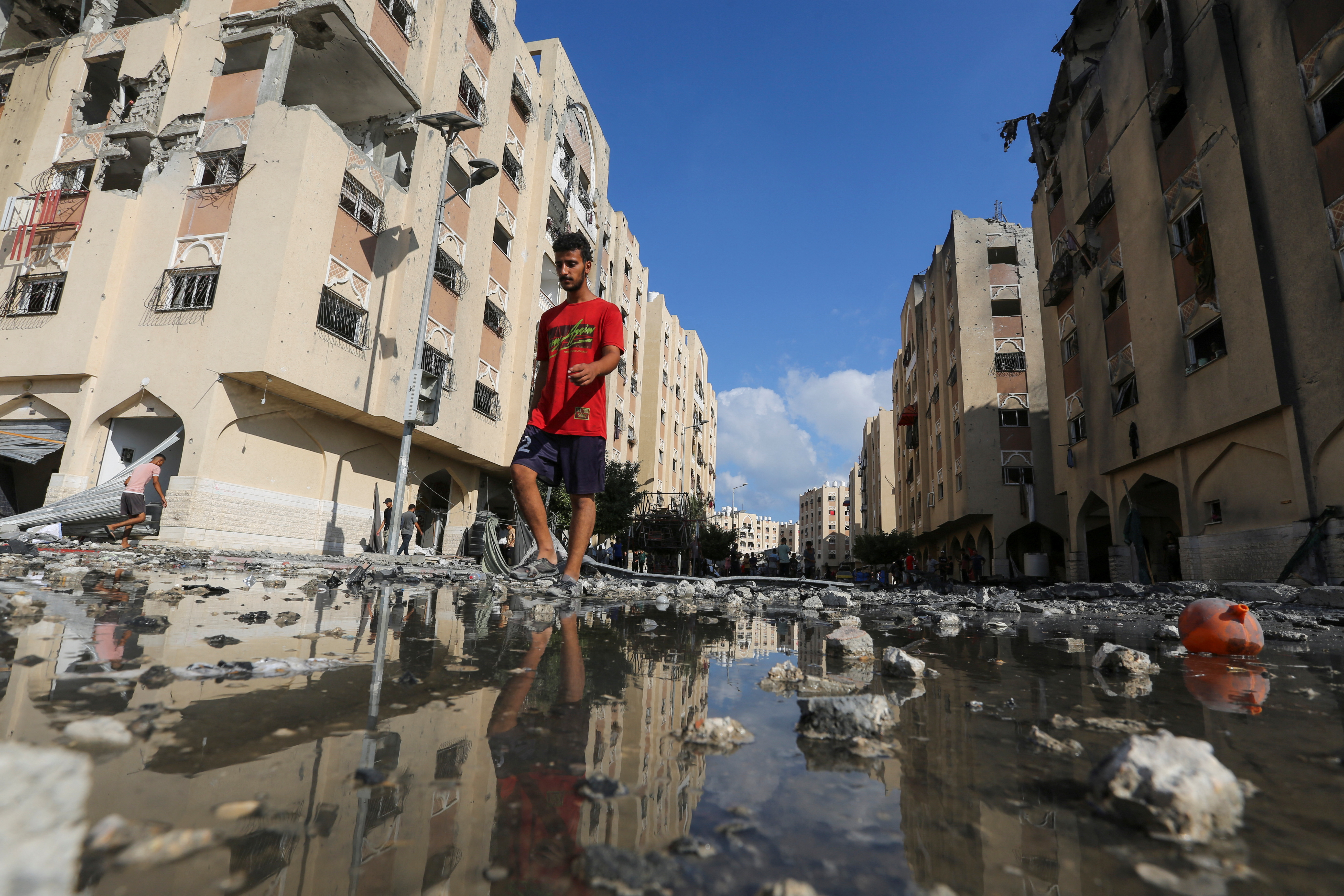 Aftermath of Israeli strikes on residential buildings in Hamad City, in Khan Younis in the southern Gaza Strip